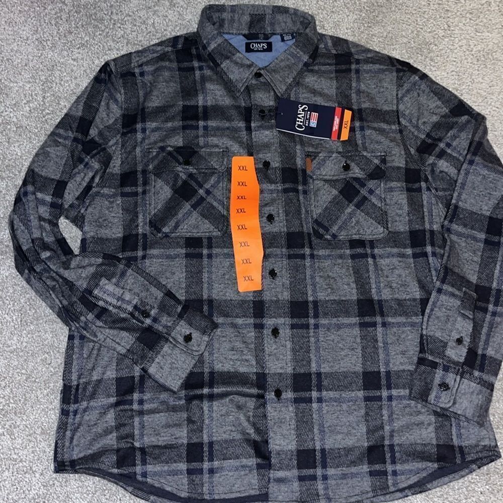 New Chaps Gray Black check plaid Easy care Lakeland soft fleece shirt XXL
